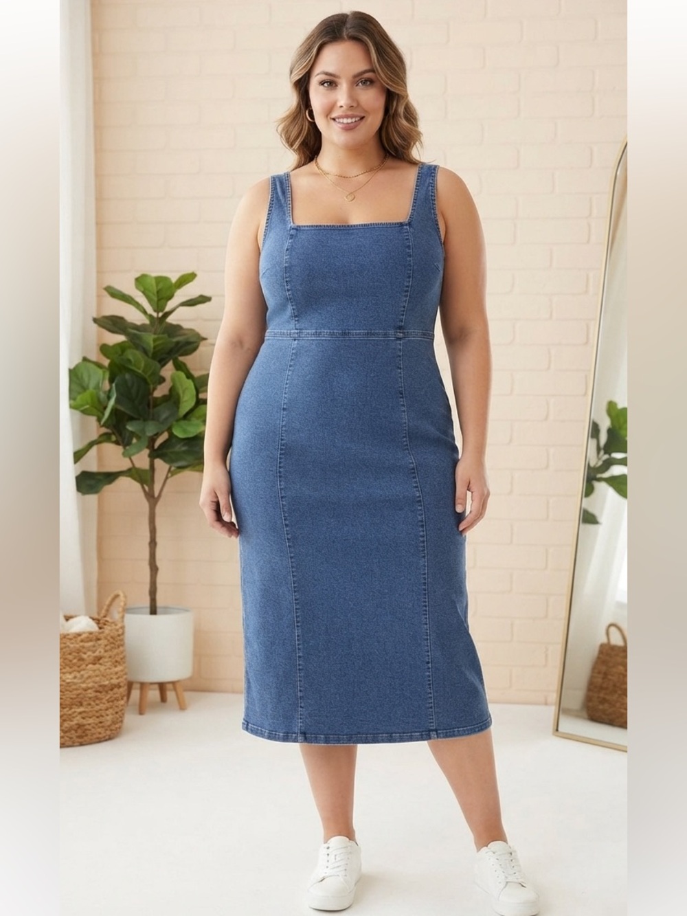 Good American Denim Tank Dress Plus Sz 4X Chambray Sculpting Jumper Zip Hem